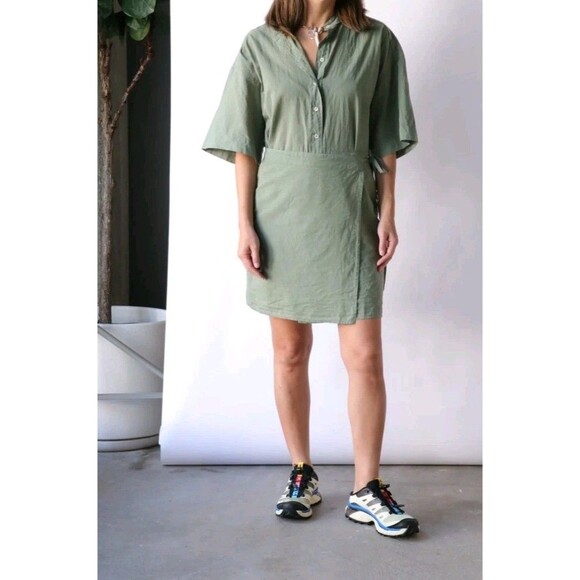 XiRENA Agnes Green Button-Up Mini Dress 100% cotton Short Sleeve Wrap Sz S *Read - Picture 1 of 9